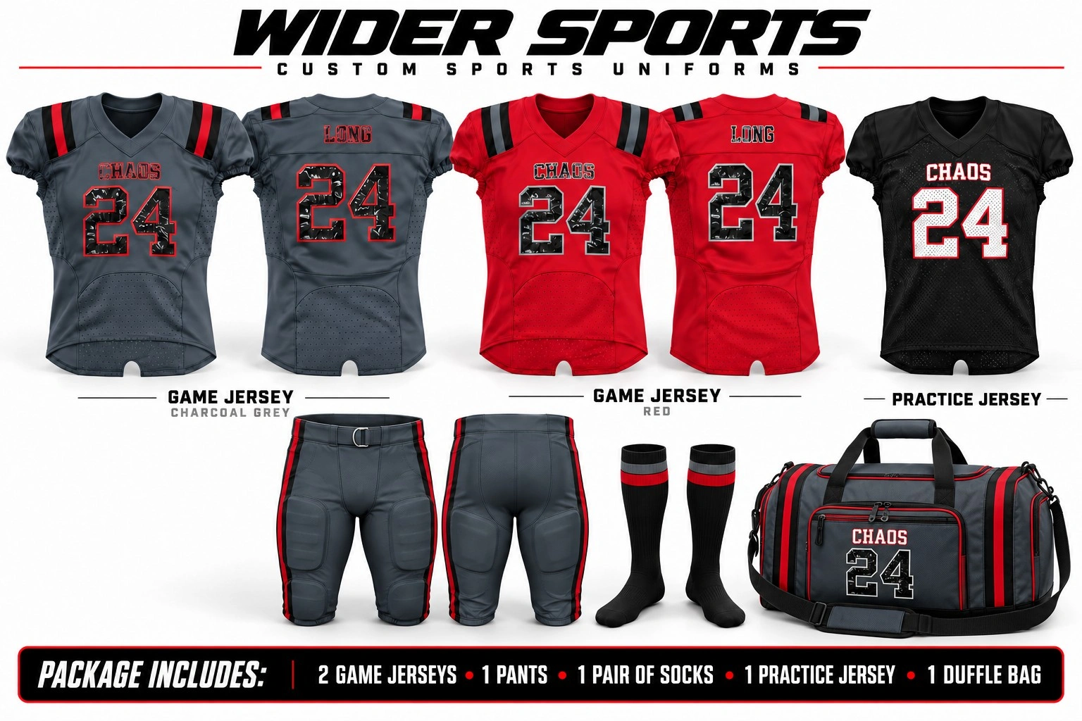 Game & practice package: Red and charcoal game and practice jersey options with coordinated team gear.