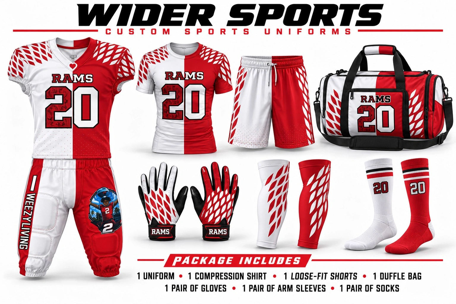 Rams team package: Red and white uniforms, apparel and accessories.