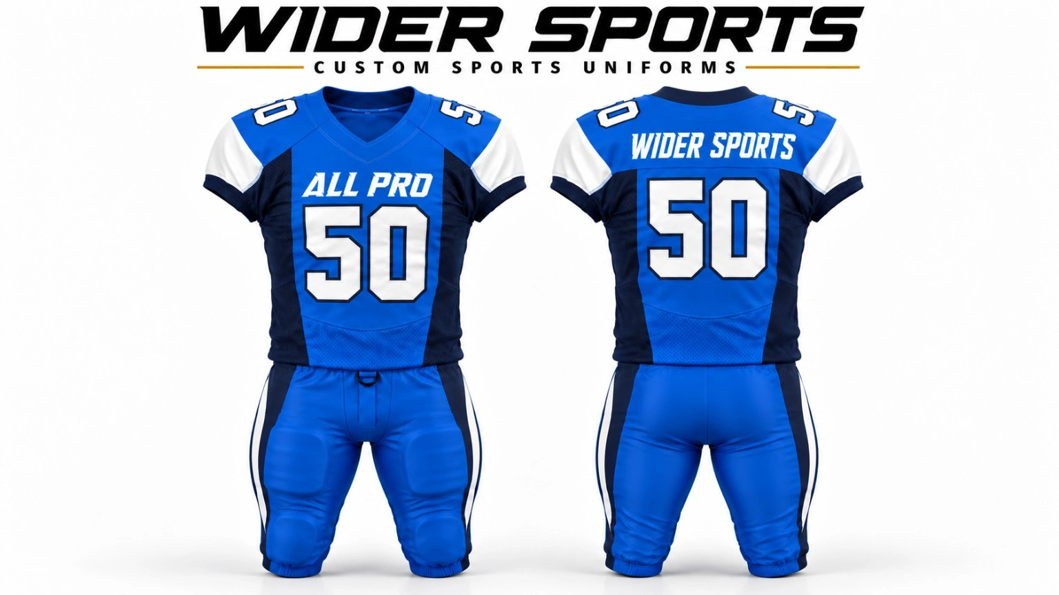 All Pro uniform: Blue and white number 50 uniform shown from the front and back.