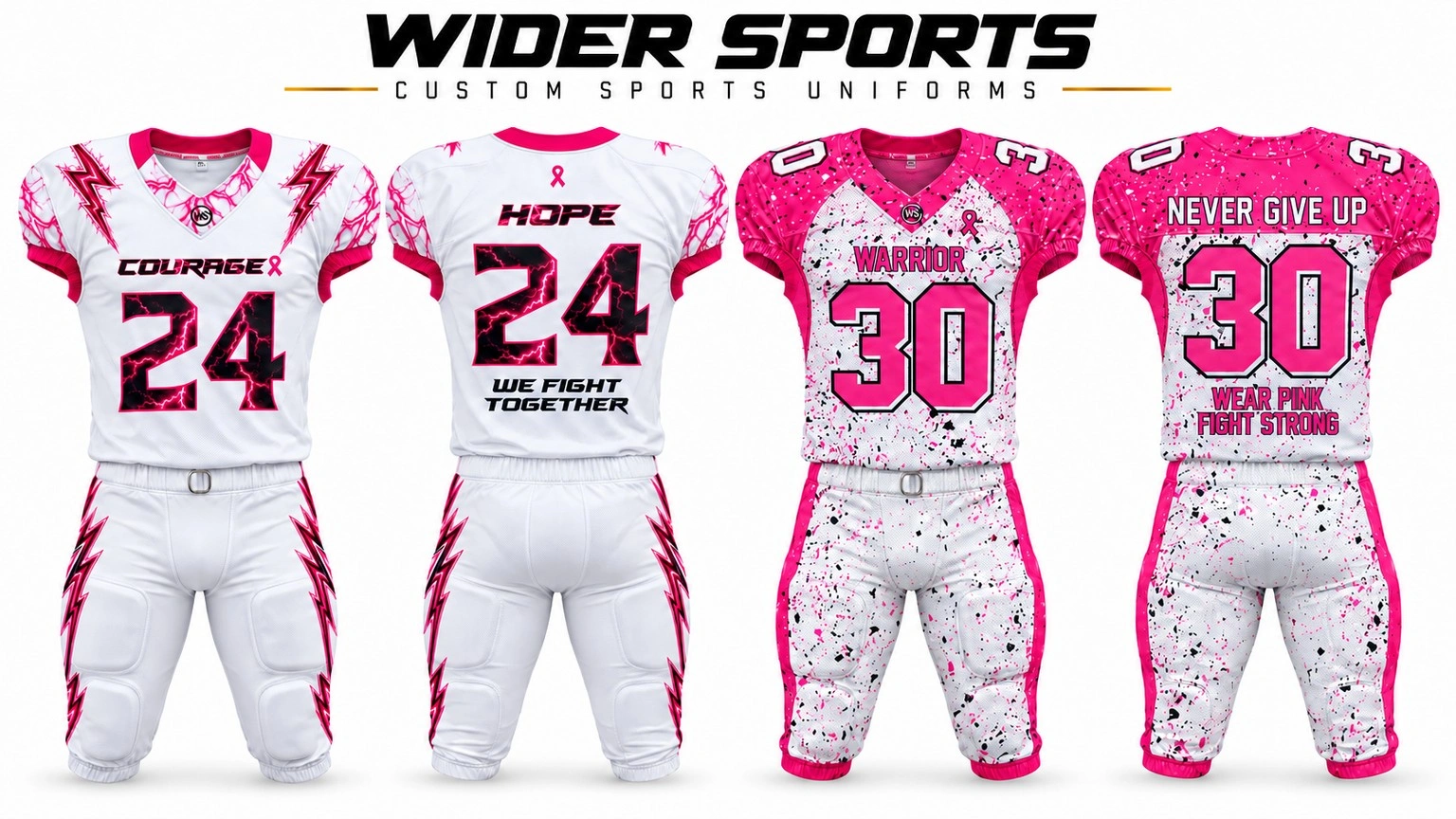 Breast cancer awareness uniforms: White and pink uniform options with custom team graphics.