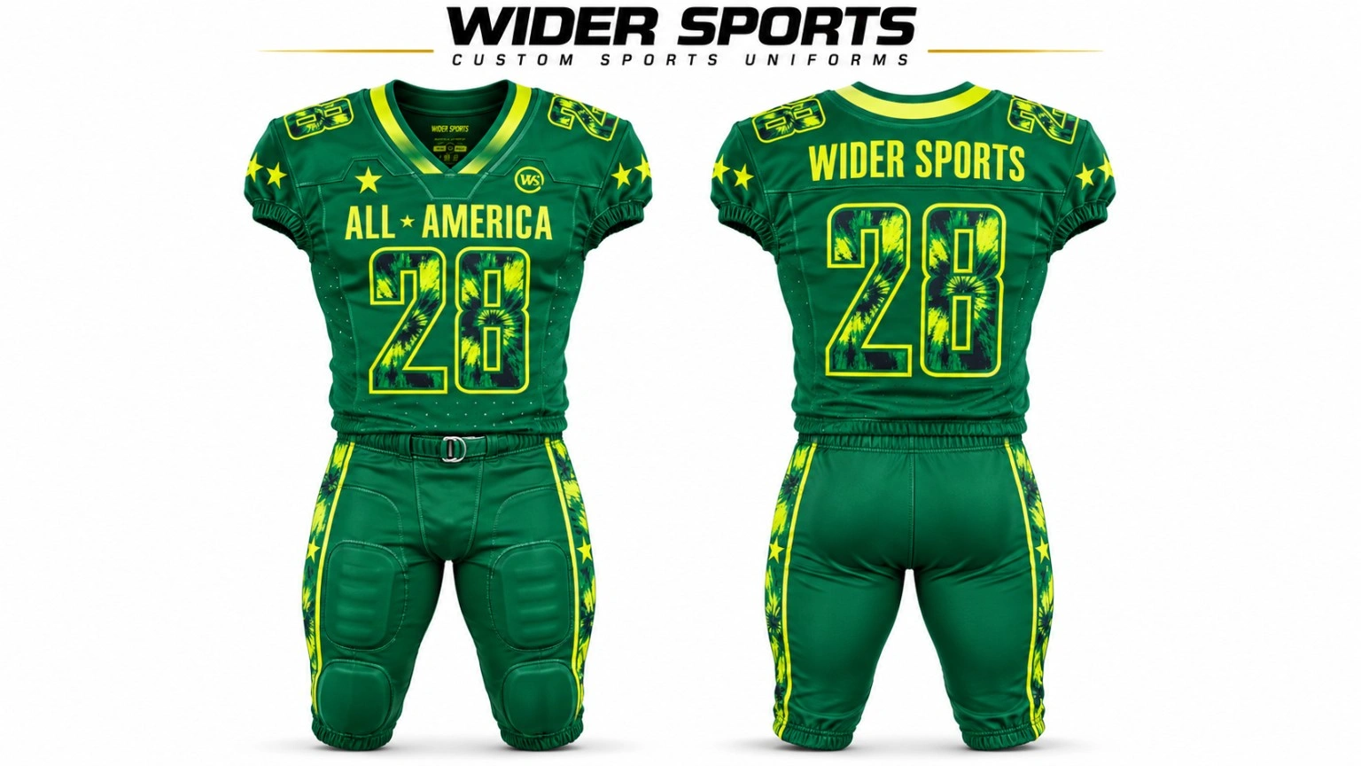 All-America uniform: Green and gold number 20 uniform, shown front and back.
