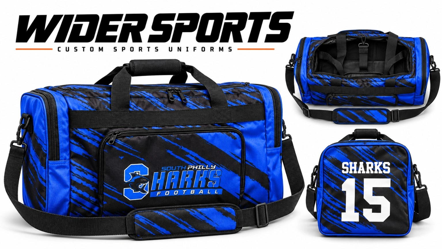 Sharks blue & black duffle: Blue and black football duffle with team branding, shoulder strap, carry handles and multiple views.