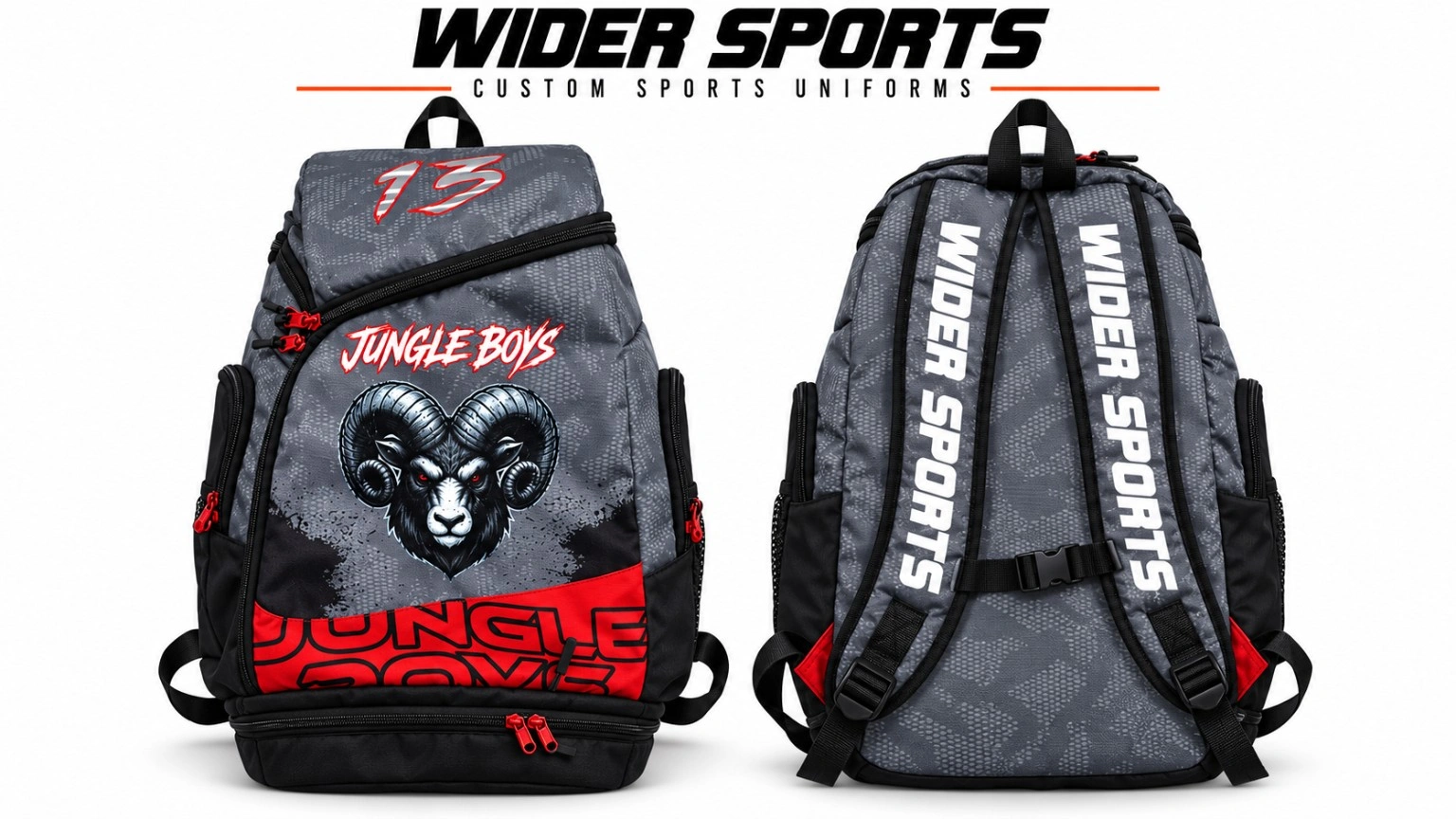 Jungle Boys charcoal backpack: Charcoal and red backpack with team graphics and Wider Sports lettering on the shoulder straps.