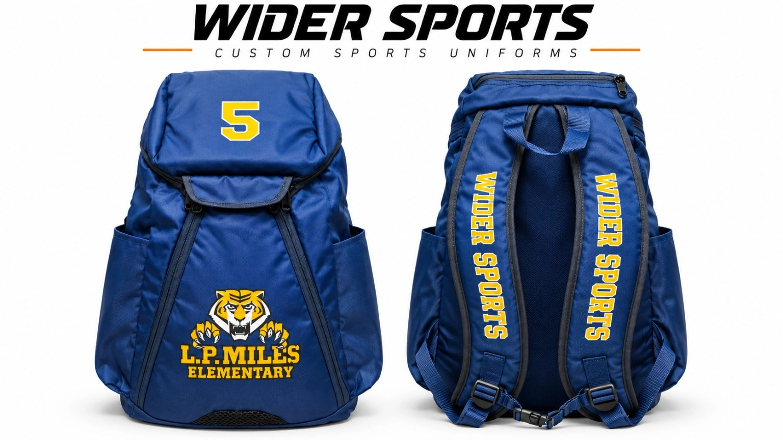 L. P. Miles navy backpack: Navy team backpack with gold lettering, tiger artwork and branded shoulder straps.