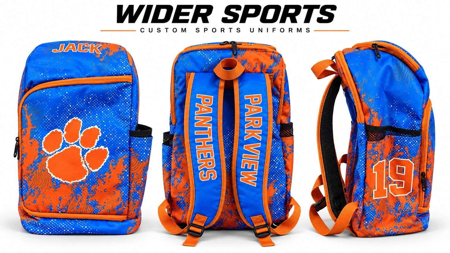 Parkview Panthers blue & orange backpack: Blue and orange team backpack with paw artwork, personalized lettering and multiple views.