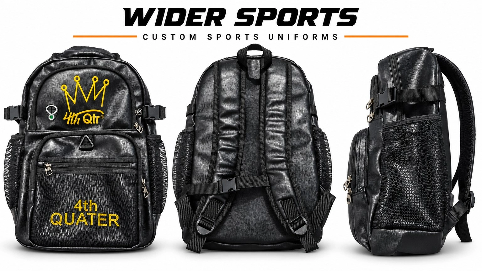 4th Quarter black backpack: Black backpack with gold crown branding, front pockets and front, back and side views.