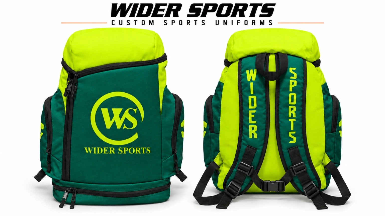 Wider Sports green & lime backpack: Green and lime backpack with WS branding and coordinated shoulder straps.