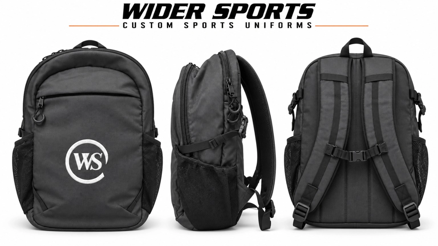Wider Sports charcoal backpack: Charcoal backpack with white WS branding, mesh side pockets and front, side and back views.