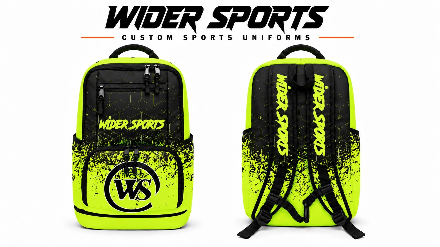 Wider Sports black & neon-lime backpack: Black and neon-lime backpack with splatter graphics, WS branding and coordinated printed shoulder straps.