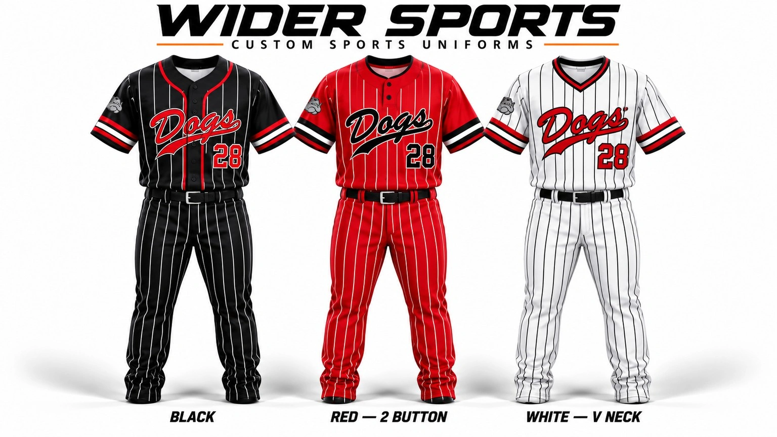 Dogs uniform collection: Black, red and white pinstripe sets with full-button, two-button and V-neck jersey options.
