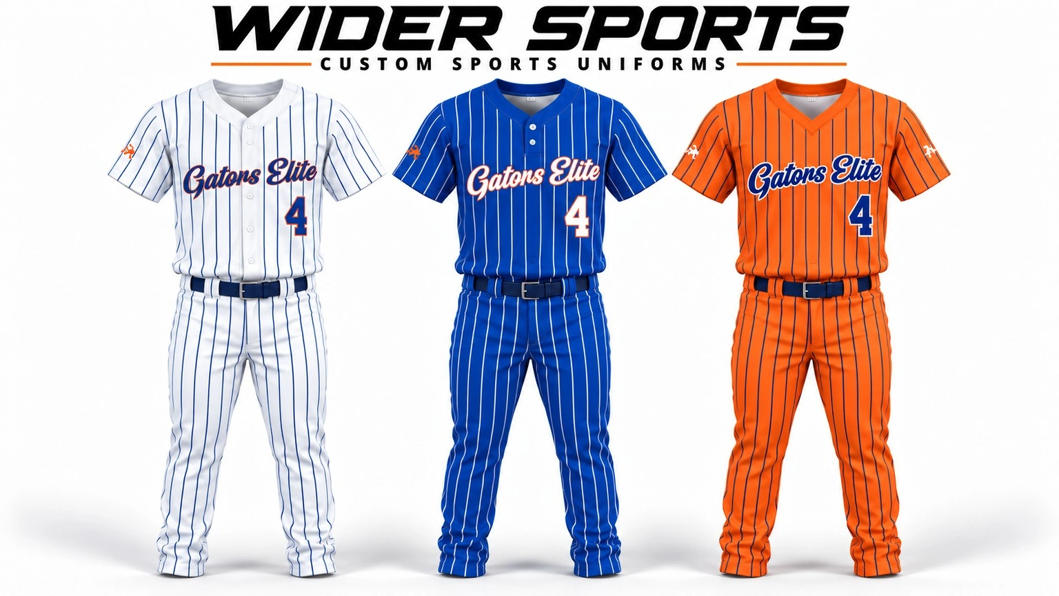 Gators Elite baseball uniforms in white, blue and orange
