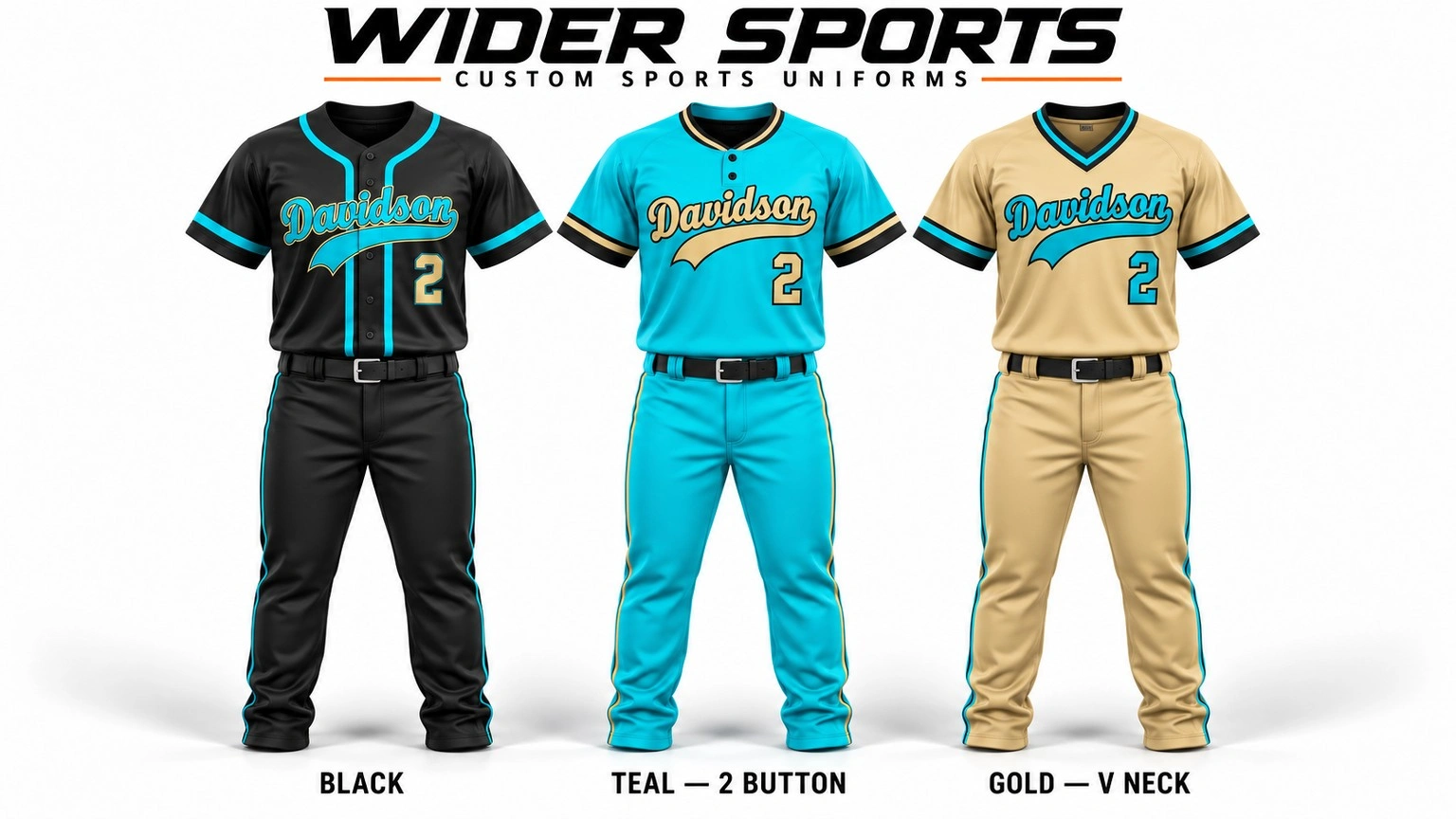 Davidson uniform collection: Black, teal and gold uniform options with coordinated pants and contrasting trim.