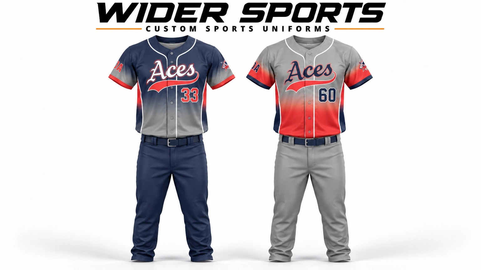 Aces uniform options: Navy, grey and red uniform designs with matching pants.