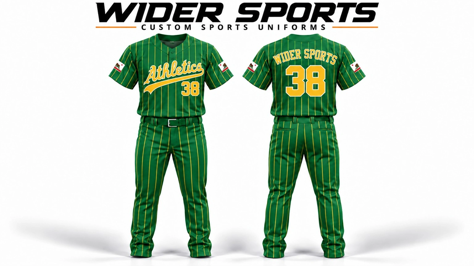 Athletics uniform: Green and gold pinstripe uniform with custom lettering, shown front and back.
