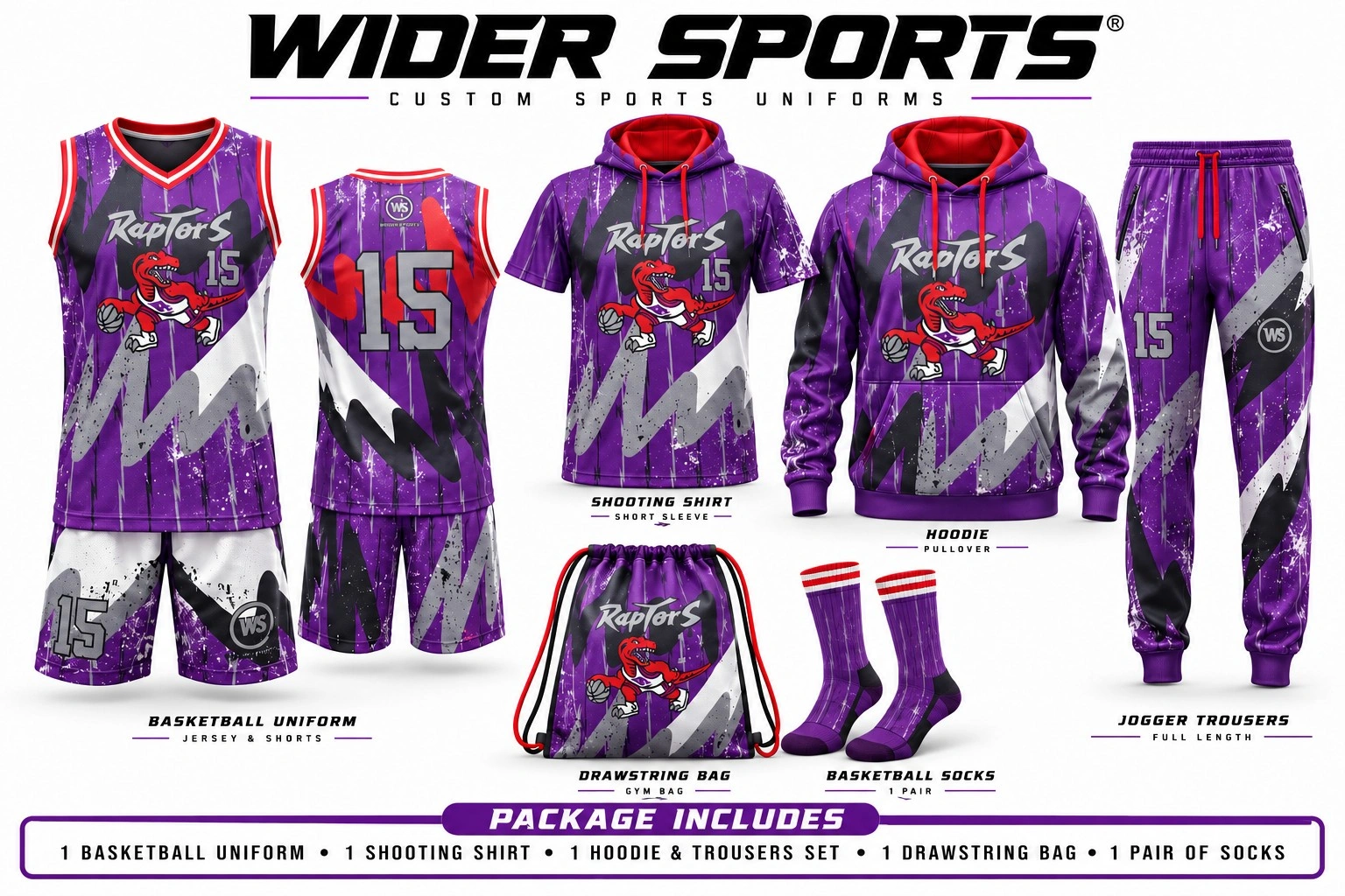 Wider Sports purple basketball uniform team package