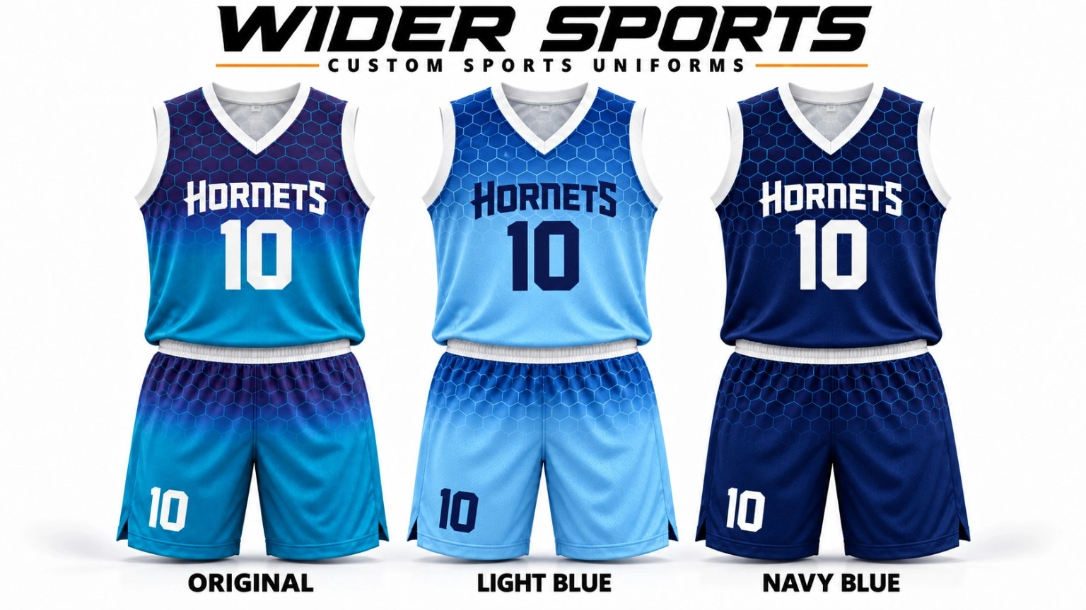 Hornets uniform options: Gradient, light-blue and navy basketball uniform options.