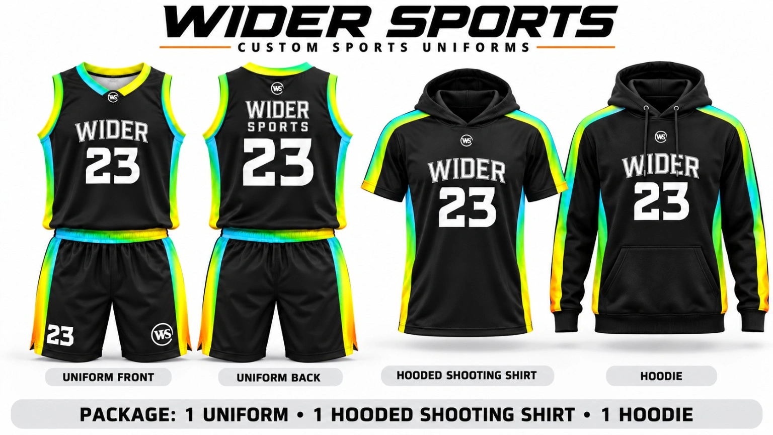 Wider number 23 team package: Black uniforms with bright team colors and coordinated tops.
