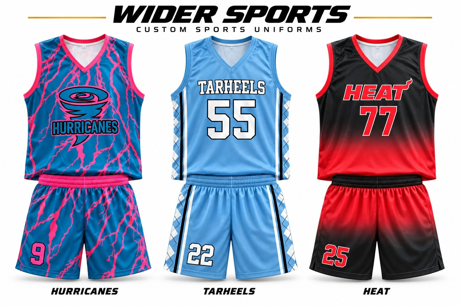 Three-team uniform collection: Hurricanes, Tarheels and Heat uniform designs in one collection.