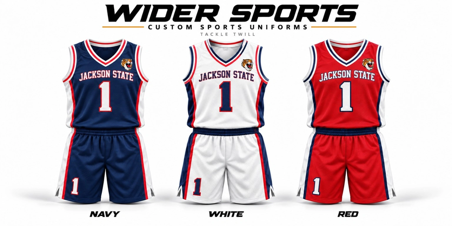 Jackson State uniform options: Navy, white and red basketball uniform designs.