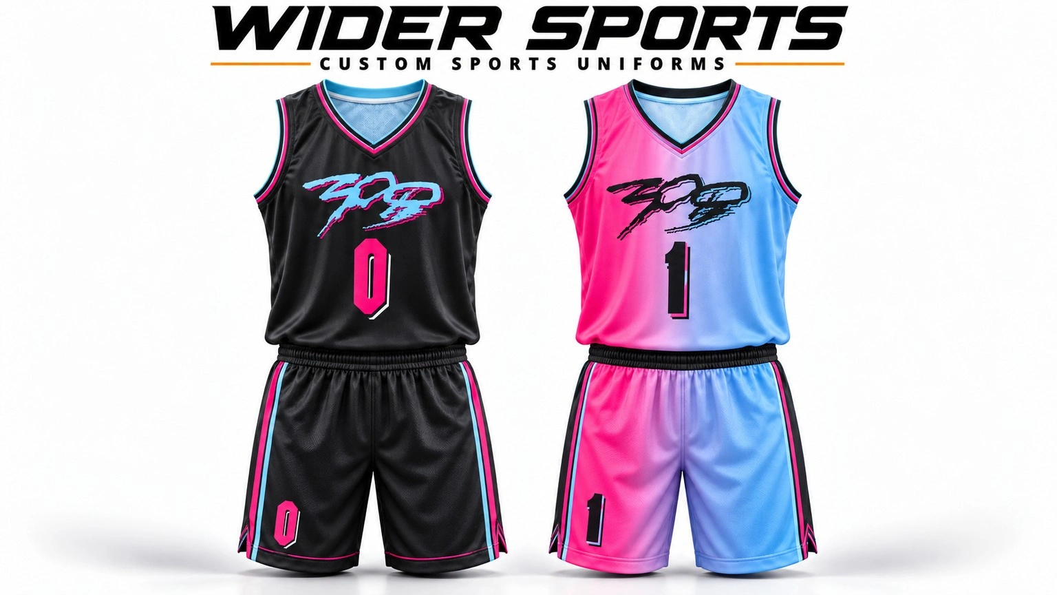 Black, pink & blue uniforms: Two coordinated basketball uniform designs with contrasting colors.