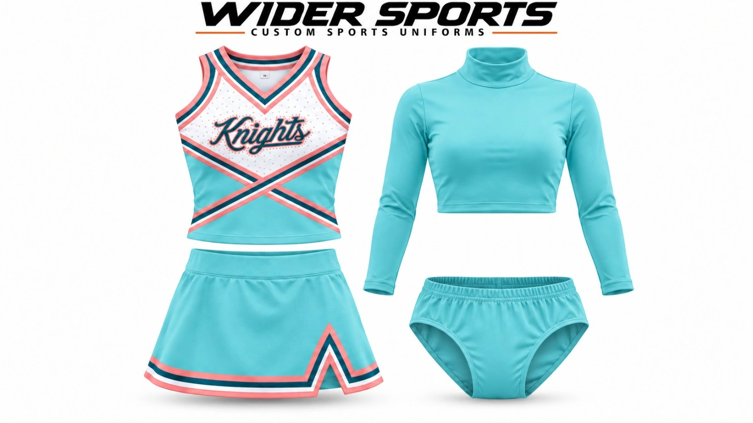 Knights turquoise & pink set: Turquoise shell top and skirt with pink, white and dark trim, plus a matching turtleneck crop top and briefs.
