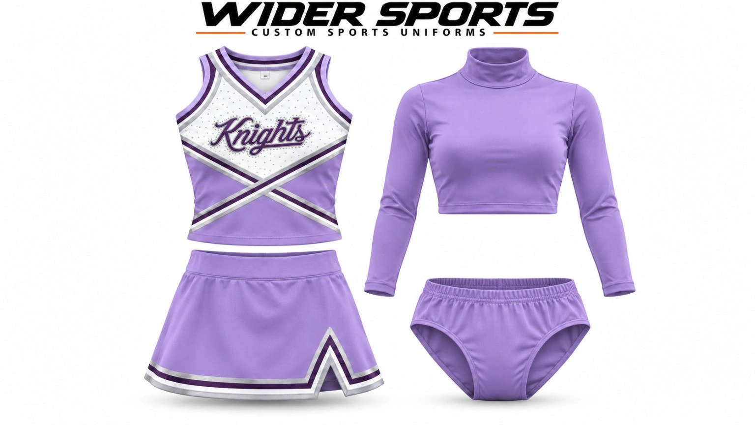 Knights lavender set: Lavender shell top and skirt with purple and silver detailing, plus a matching turtleneck crop top and briefs.