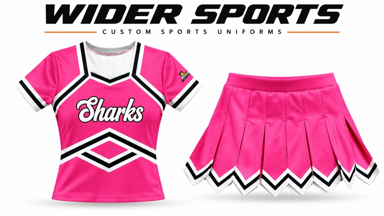 Sharks pink cheer set: Pink short-sleeve cheer top and pleated skirt with coordinated black and white trim.