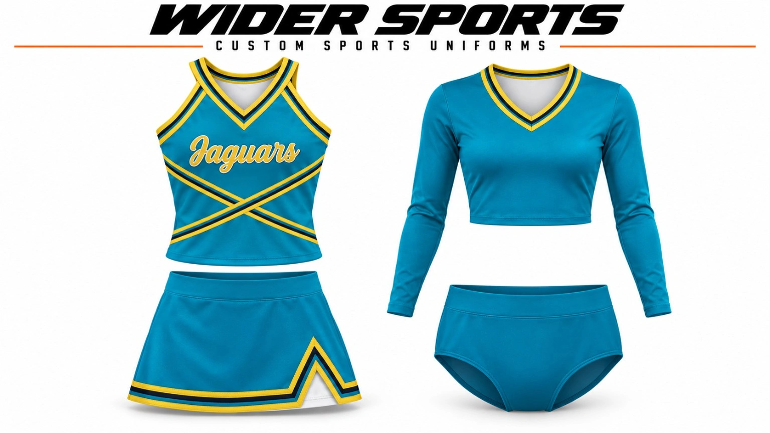 Jaguars teal & gold set: Teal shell top and skirt with gold and dark trim, plus a matching long-sleeve crop top and briefs.