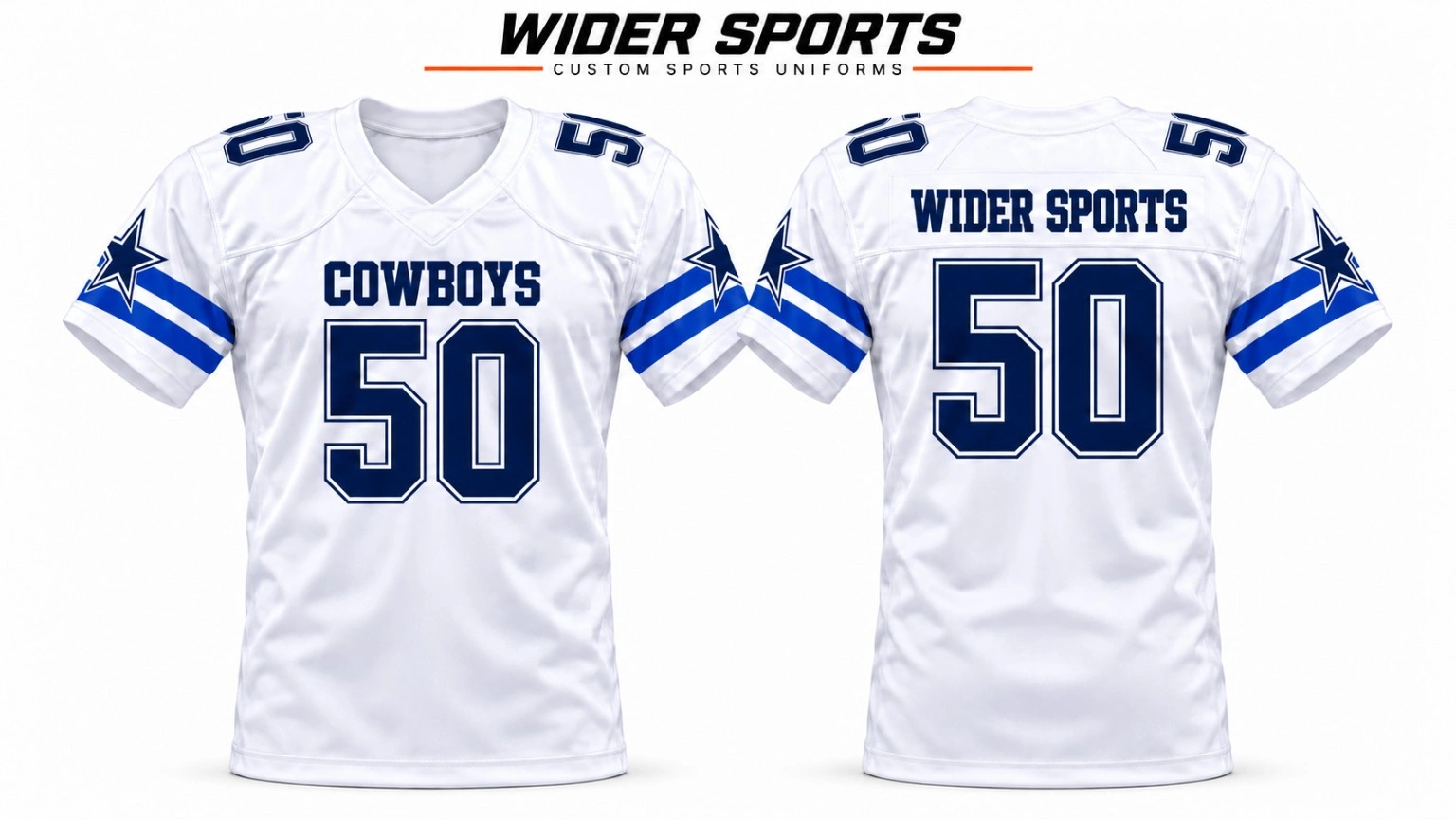 Cowboys white fan jersey: White V-neck jersey with navy numbering and blue sleeve stripes. Front and back views.