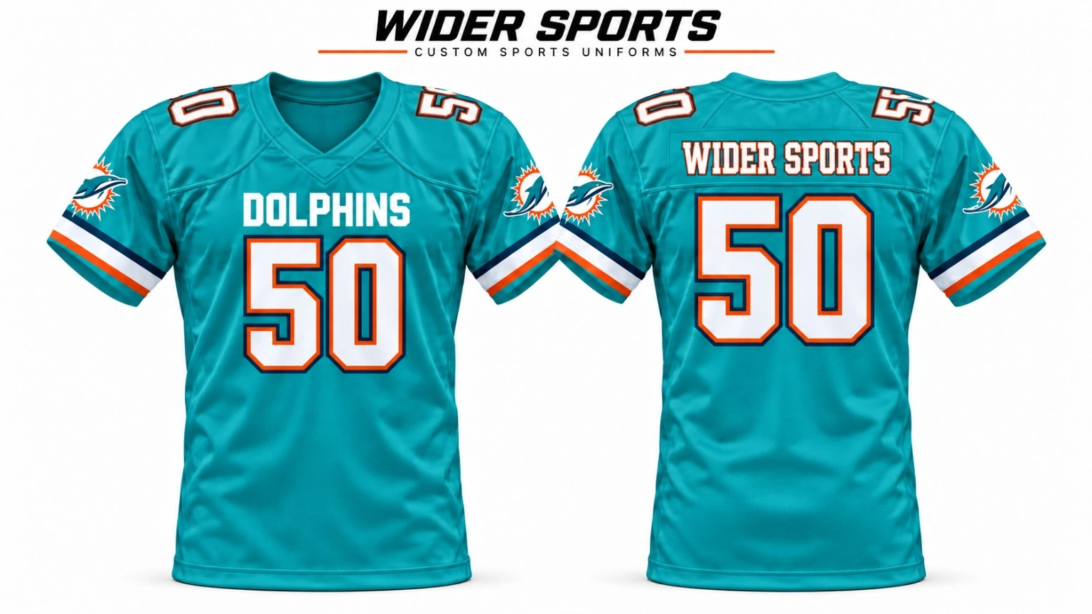 Dolphins teal fan jersey: Teal V-neck jersey with white and orange numbering and coordinated sleeve stripes. Front and back views.