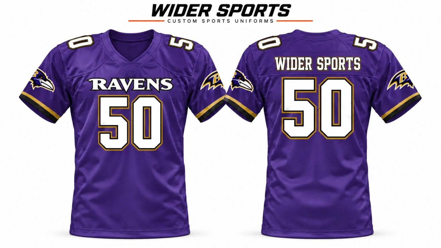 Ravens purple fan jersey: Purple V-neck jersey with white and gold numbering and contrasting sleeve trim. Front and back views.