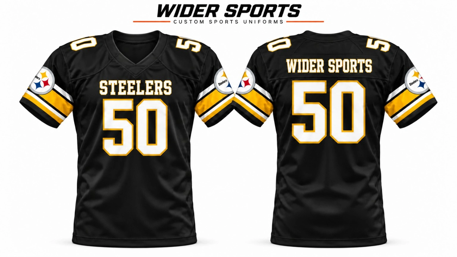 Steelers black & gold fan jersey: Black V-neck jersey with white and gold numbering and coordinated sleeve stripes. Front and back views.