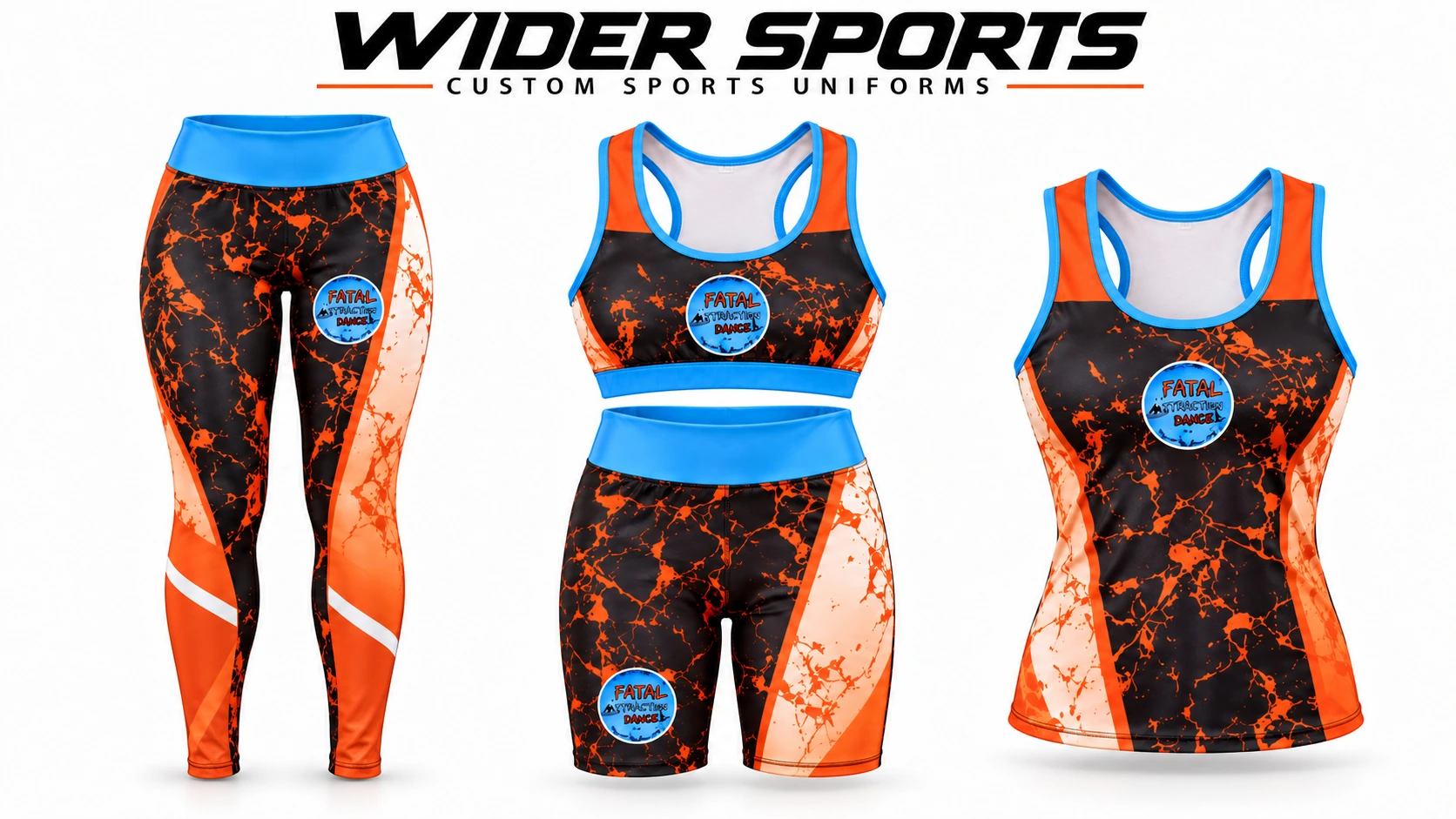 Orange & blue four-piece set: Leggings, sports bra, biker shorts and tank top in coordinated artwork.