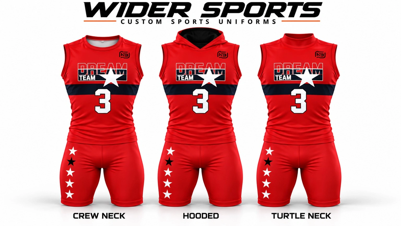 Dream Team collection: Red number 3 sets with crew-neck, hooded and turtle-neck top options.