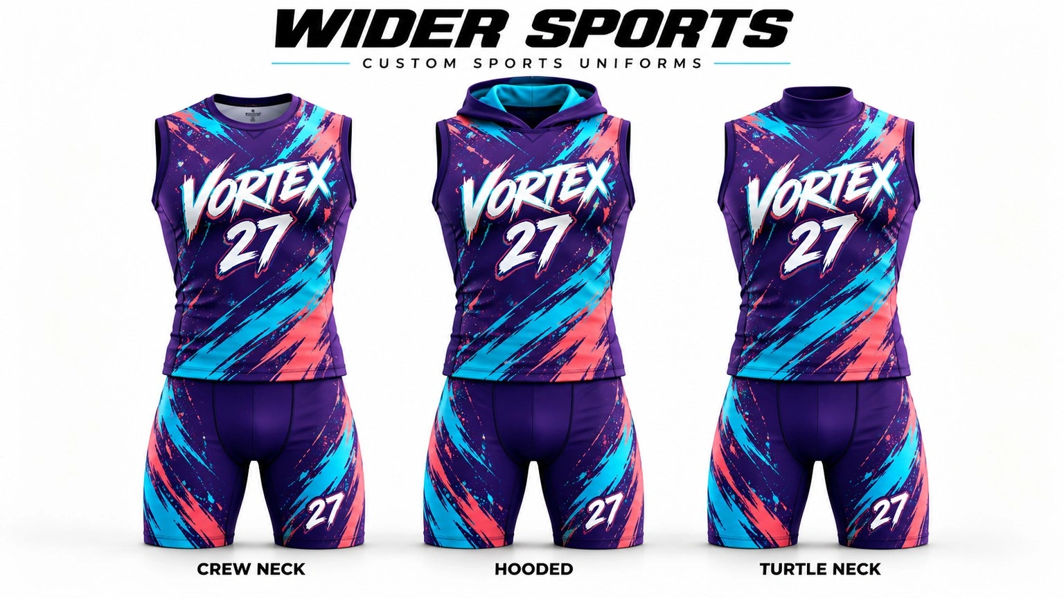 Vortex collection: Purple, blue and coral number 27 sets with three top styles.
