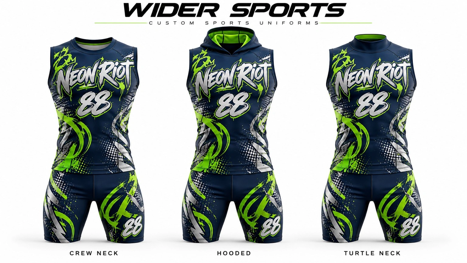 Neon Riot collection: Dark navy and neon-lime number 88 sets with three top styles.