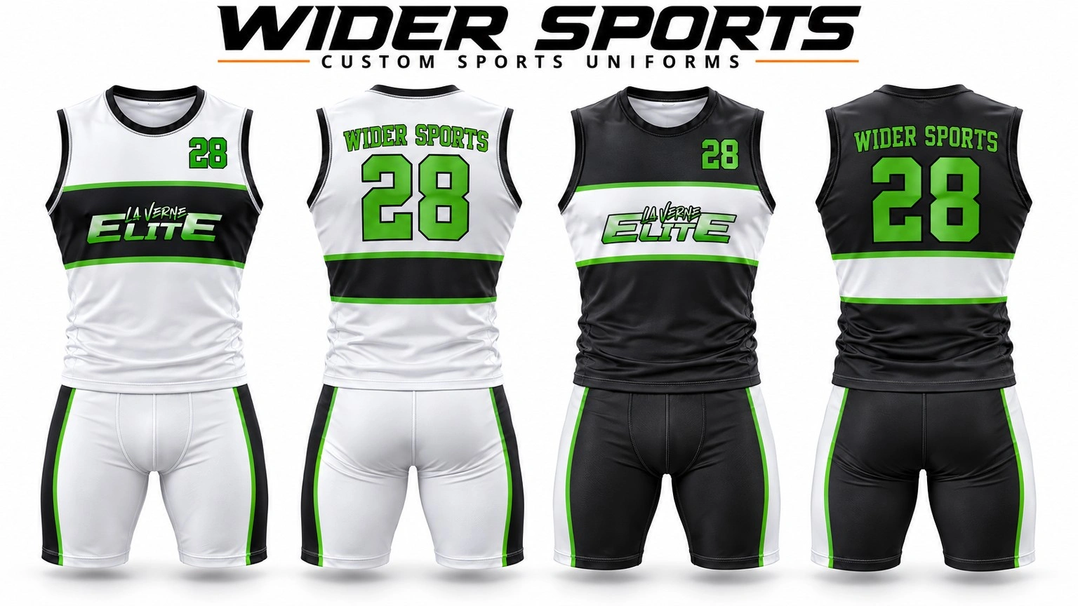 La Verne Elite uniforms: White and black number 28 sleeveless sets with green accents, shown front and back.