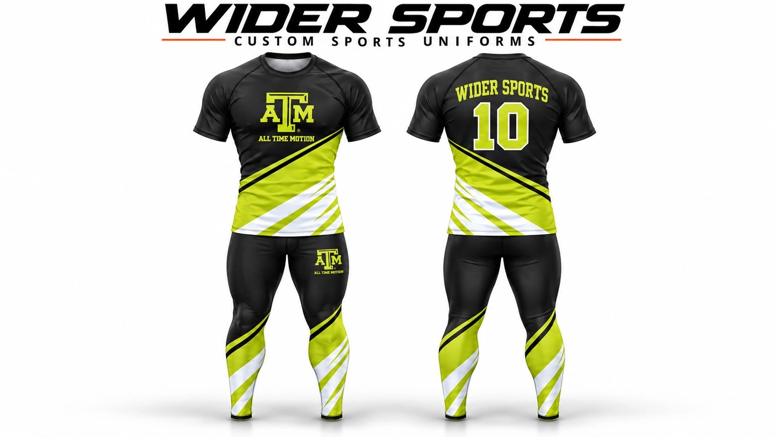 All Time Motion compression set: Black, lime and white short-sleeve top with coordinated compression pants, shown front and back.
