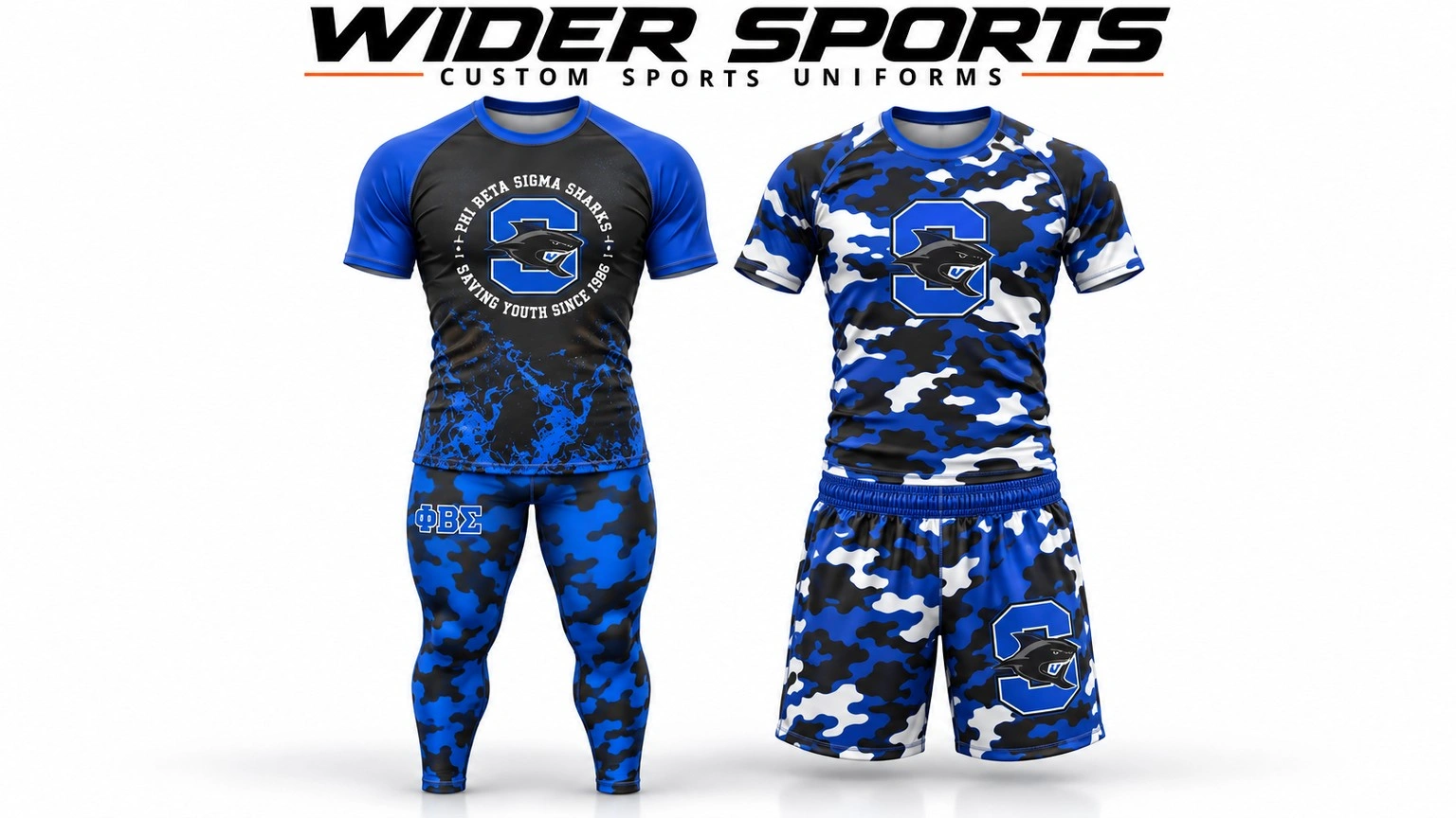 Sharks teamwear options: Blue, black and white designs with compression pants or coordinated shorts.