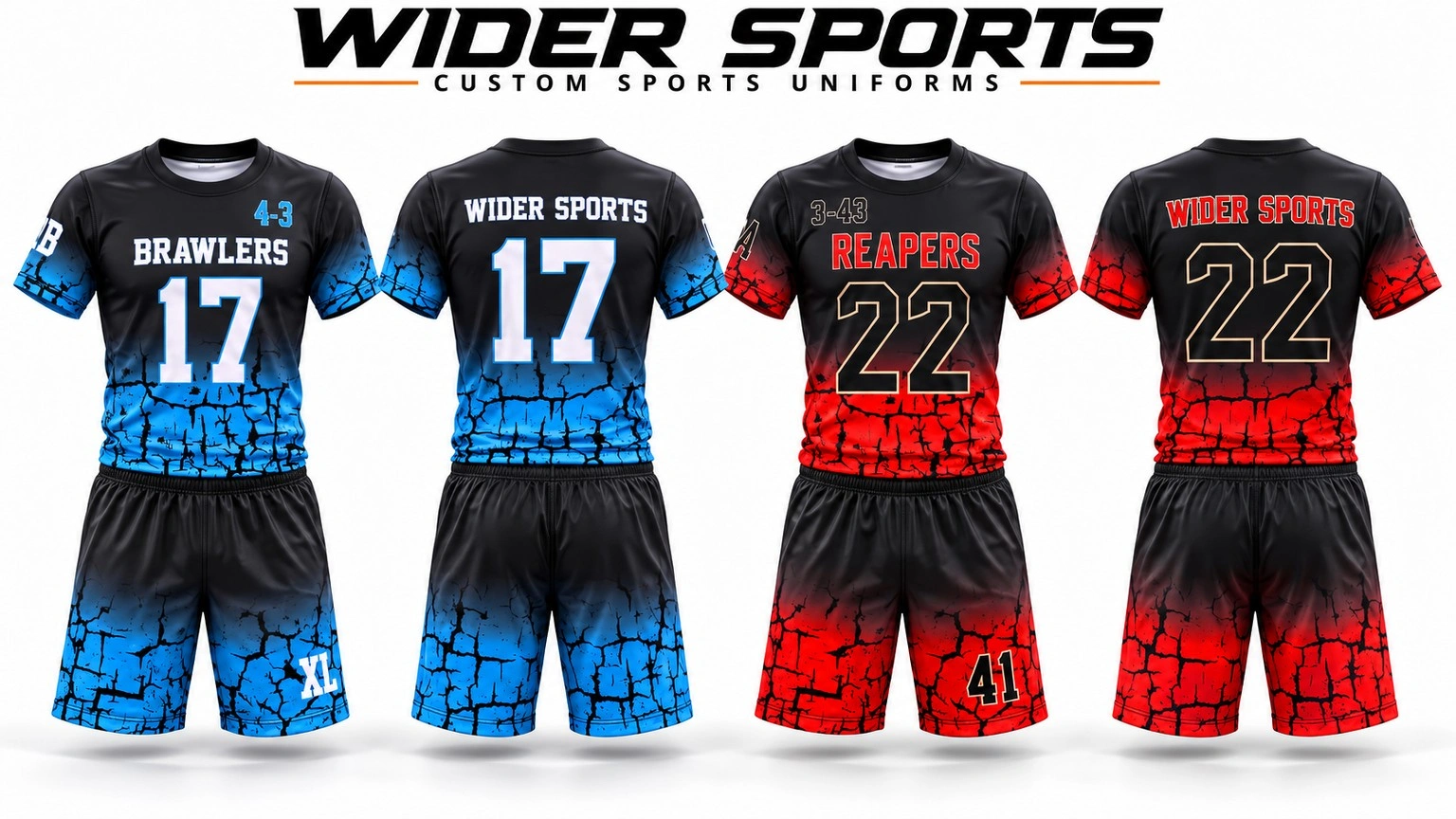 Brawlers & Reapers uniforms: Blue and red cracked-pattern uniforms, shown from the front and back.