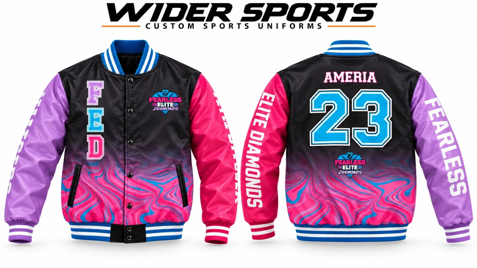 Fearless Elite Diamonds jacket: Black varsity-style jacket with pink and purple sleeves, blue striped trim and colorful front and back graphics.