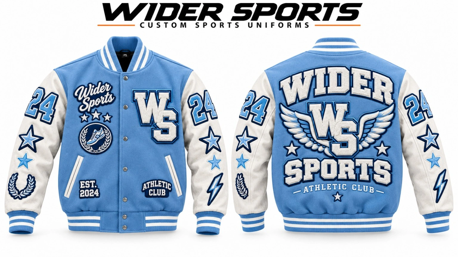 Wider Sports light-blue varsity jacket: Light-blue body with white sleeves, chenille-style lettering, decorative patches and coordinated striped ribbing.
