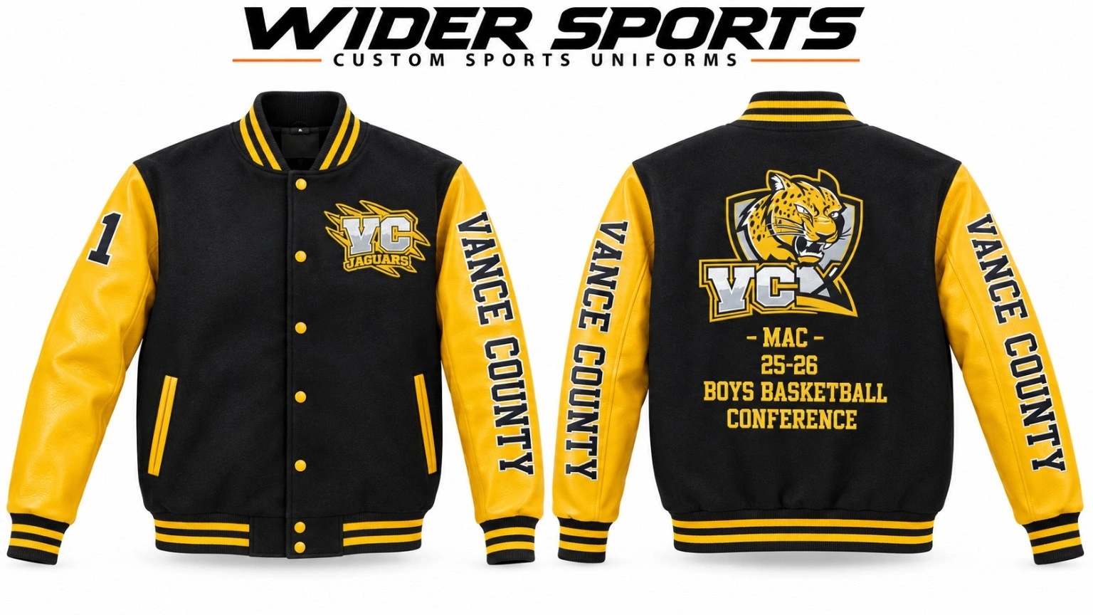 Vance County black & gold varsity jacket: Black body with gold sleeves, team lettering and coordinated striped ribbing.