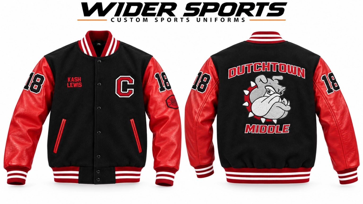 Dutchtown black & red varsity jacket: Black body with red sleeves, personalized lettering, sleeve numbers and a bulldog back graphic.