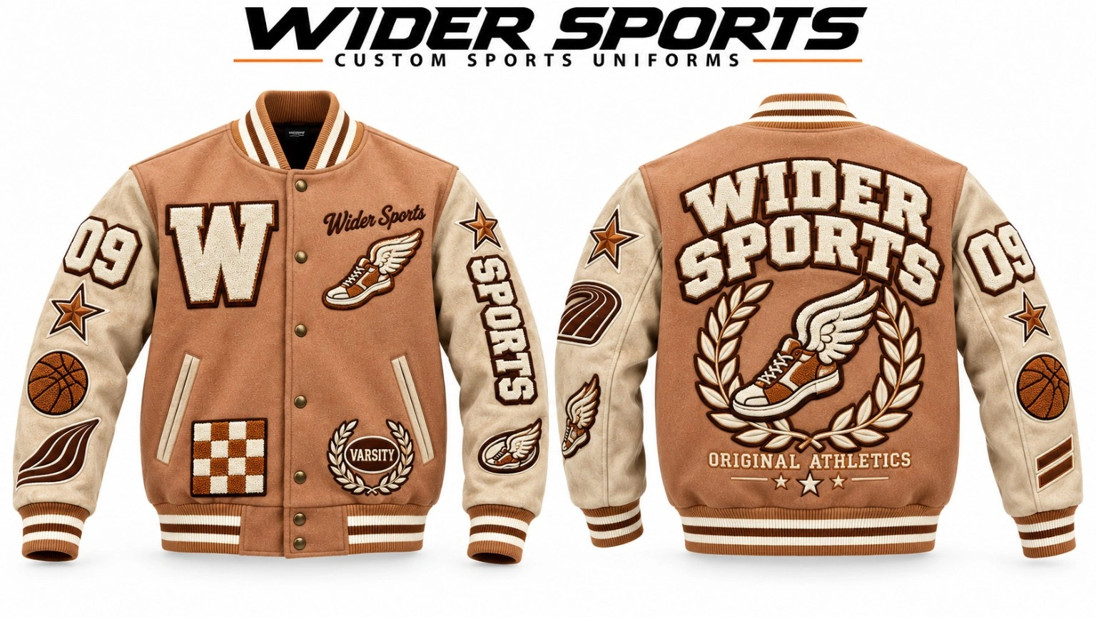 Wider Sports tan varsity jacket: Tan body with cream sleeves, textured lettering, athletic patches and contrasting striped ribbing.