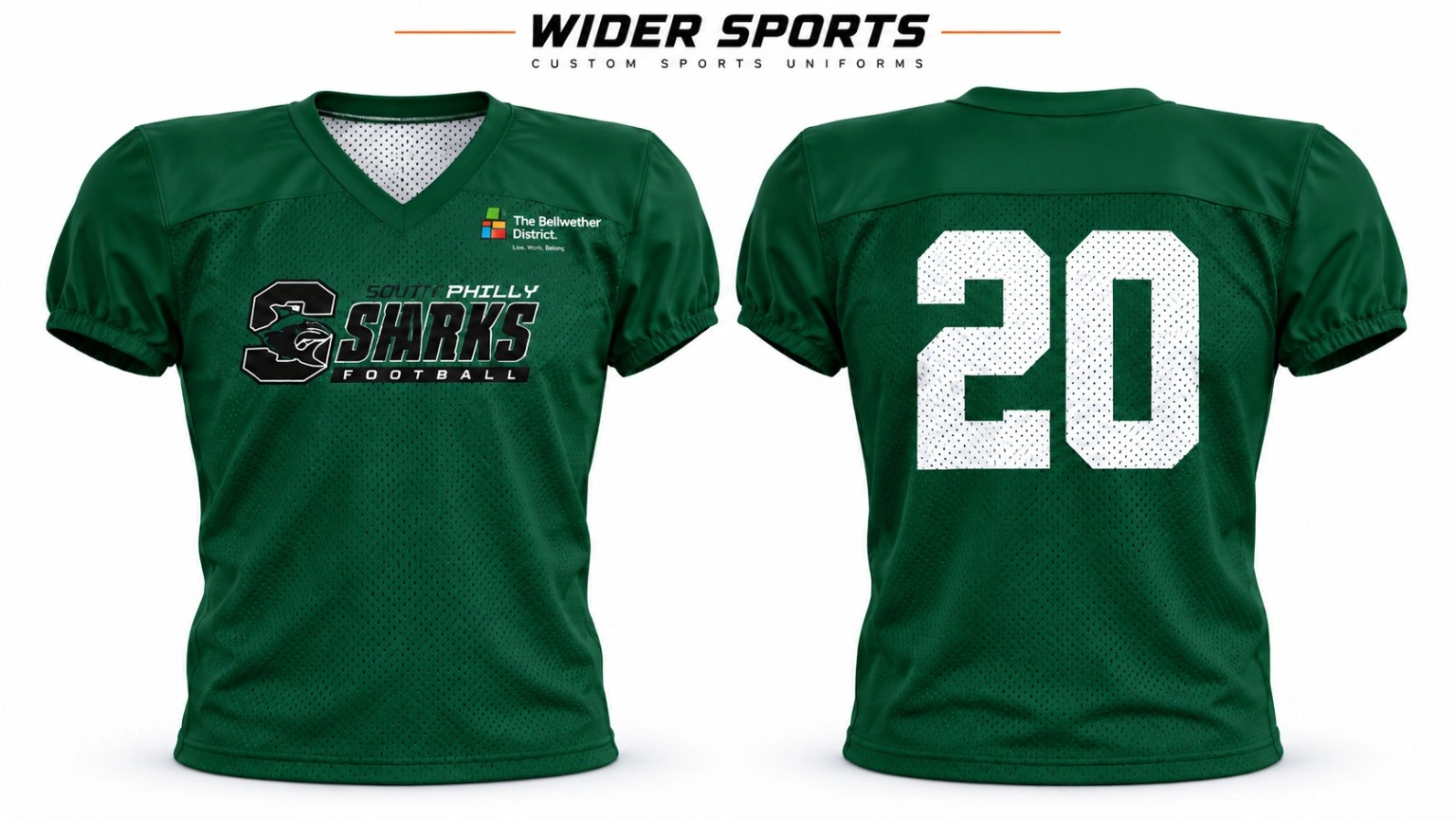 Green Sharks practice jersey: Green mesh-body jersey with solid shoulder and sleeve panels, V-neck styling and elastic sleeve cuffs. Front and back views.