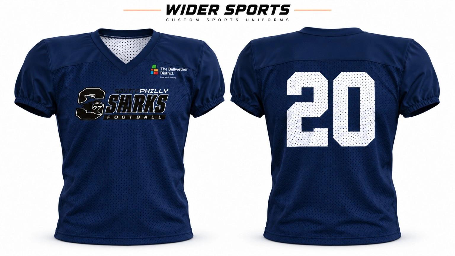 Navy Sharks practice jersey: Navy mesh-body jersey with solid shoulder and sleeve panels, V-neck styling and elastic sleeve cuffs. Front and back views.