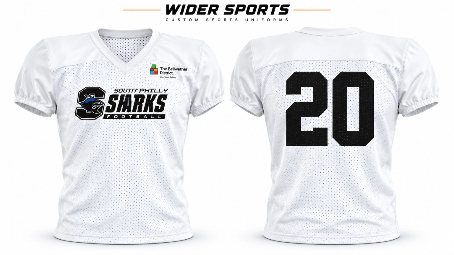 White Sharks practice jersey: White mesh-body jersey with solid shoulder and sleeve panels, V-neck styling and elastic sleeve cuffs. Front and back views.