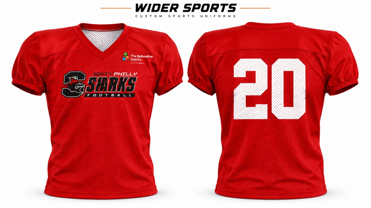 Red Sharks practice jersey: Red mesh-body jersey with solid shoulder and sleeve panels, V-neck styling and elastic sleeve cuffs. Front and back views.