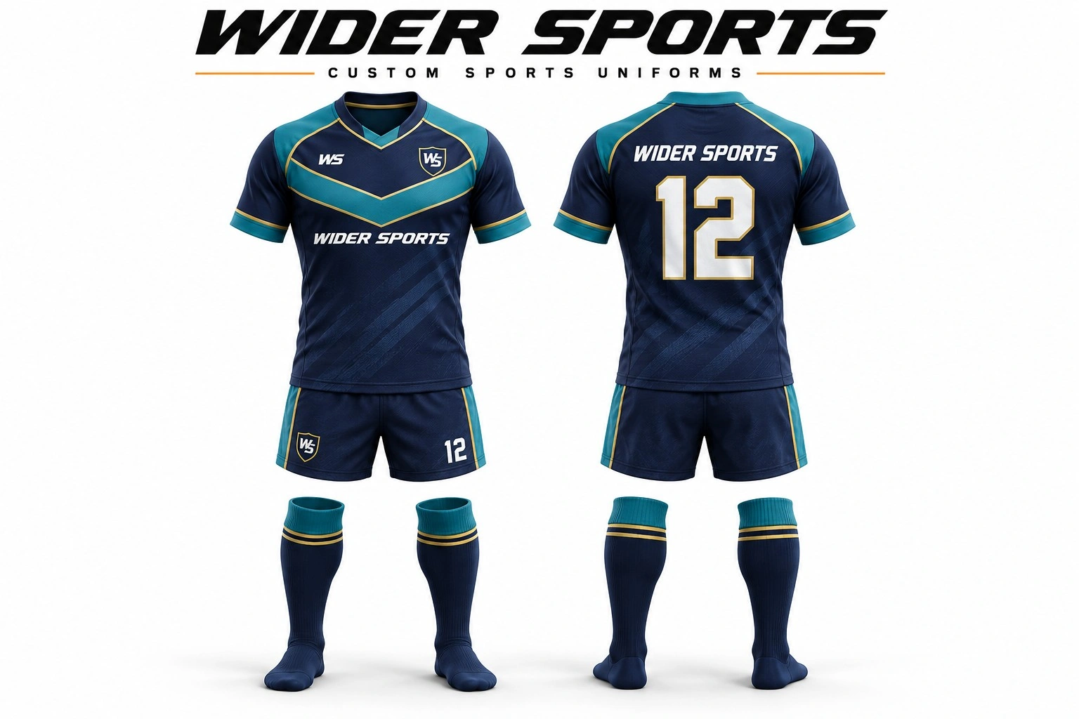 Navy & teal rugby kit: Navy and teal number 12 kit with gold trim, matching shorts and socks, shown front and back.